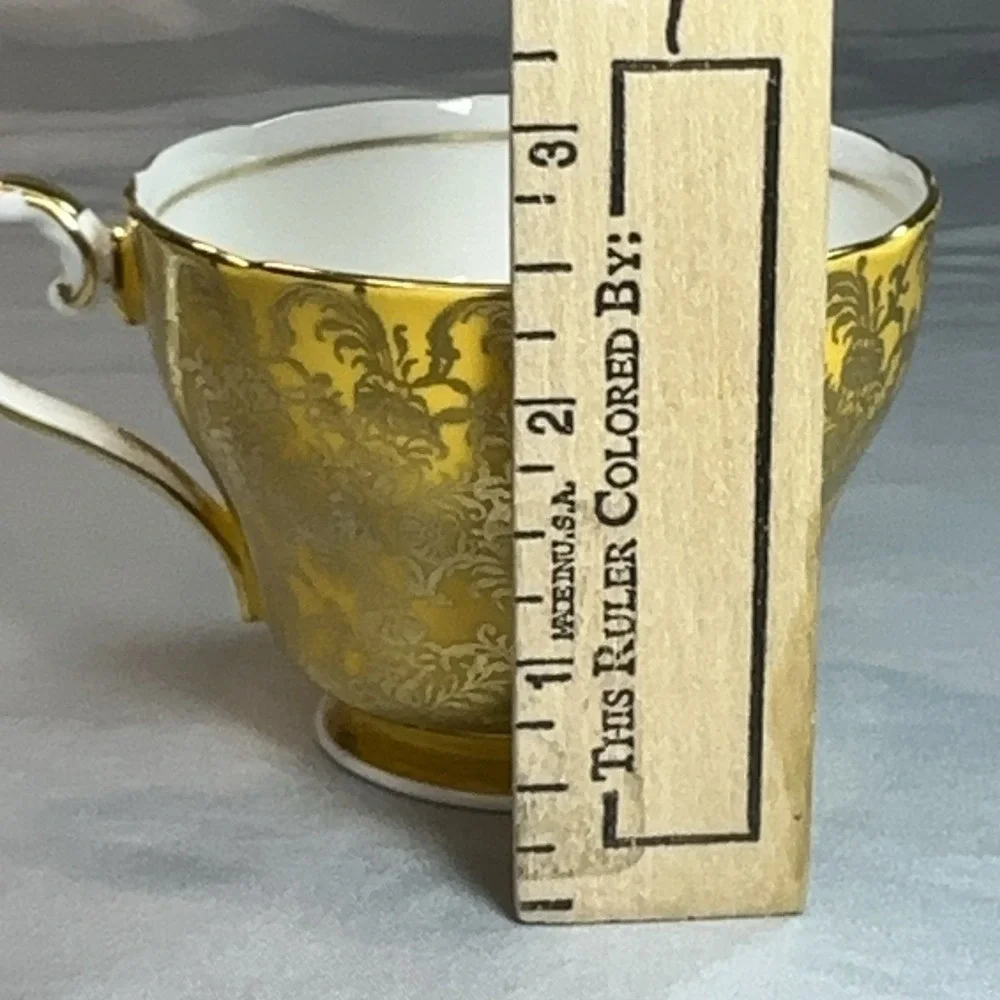 Rare Aynsley Teacup Saucer Mustard Yellow‎ Heavy Gold Scroll England Vtg C869